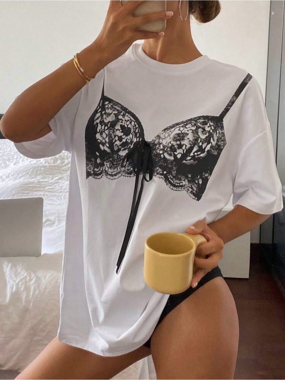White Graphic Lace Bra Tee for Women - Casual Sleepwear